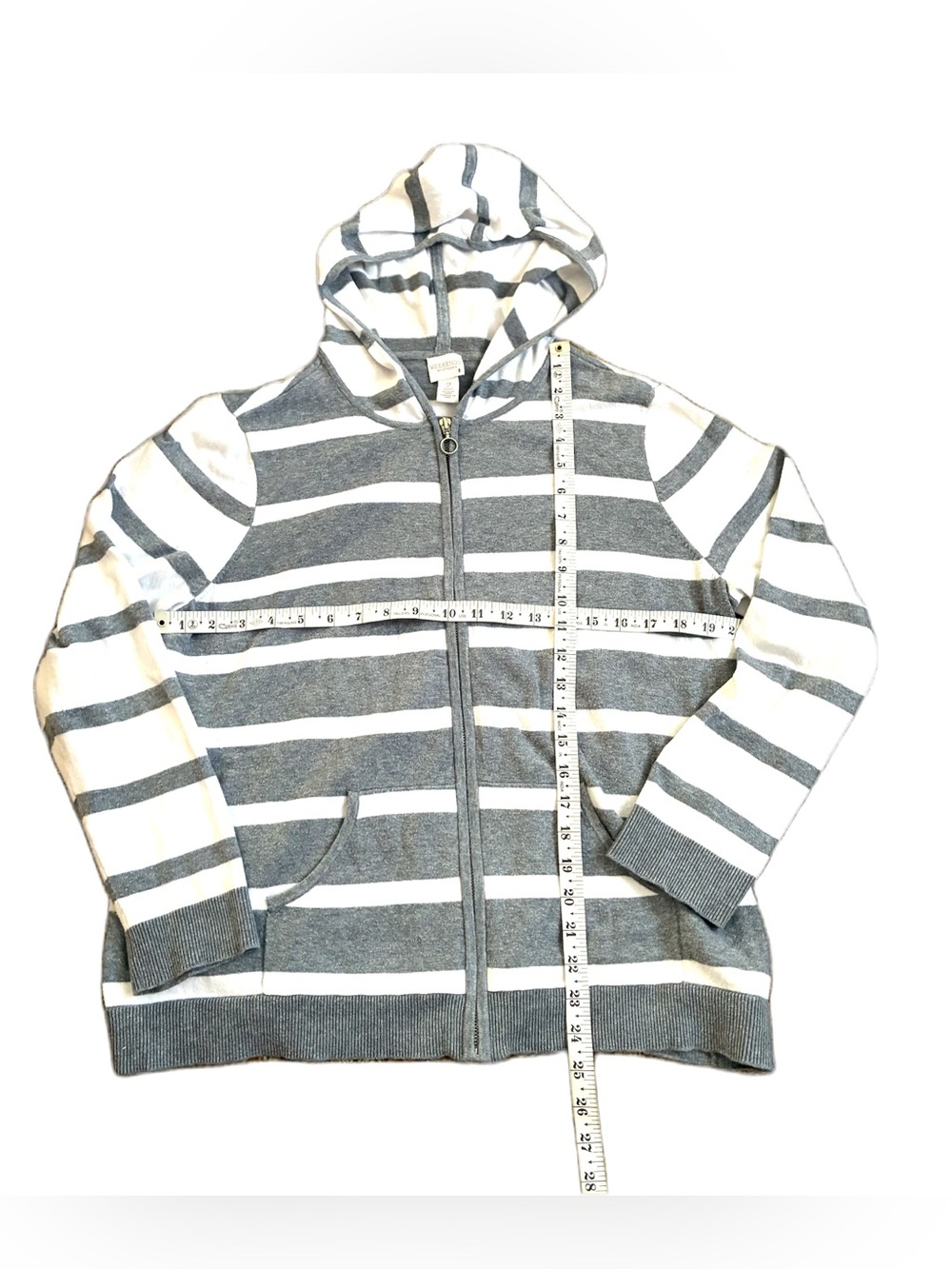 Chico’s Weekends Hooded Sweater, Sz. 2/L, Gray/White Striped, Full Zip - Picture 7 of 8